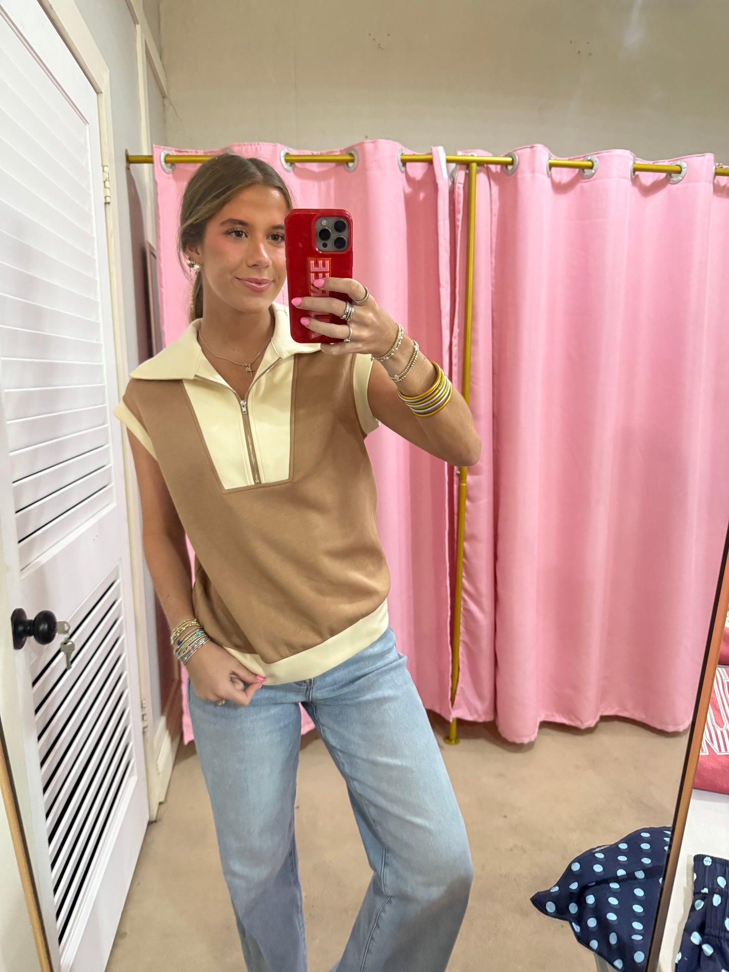 Brown and Cream Zippered Top