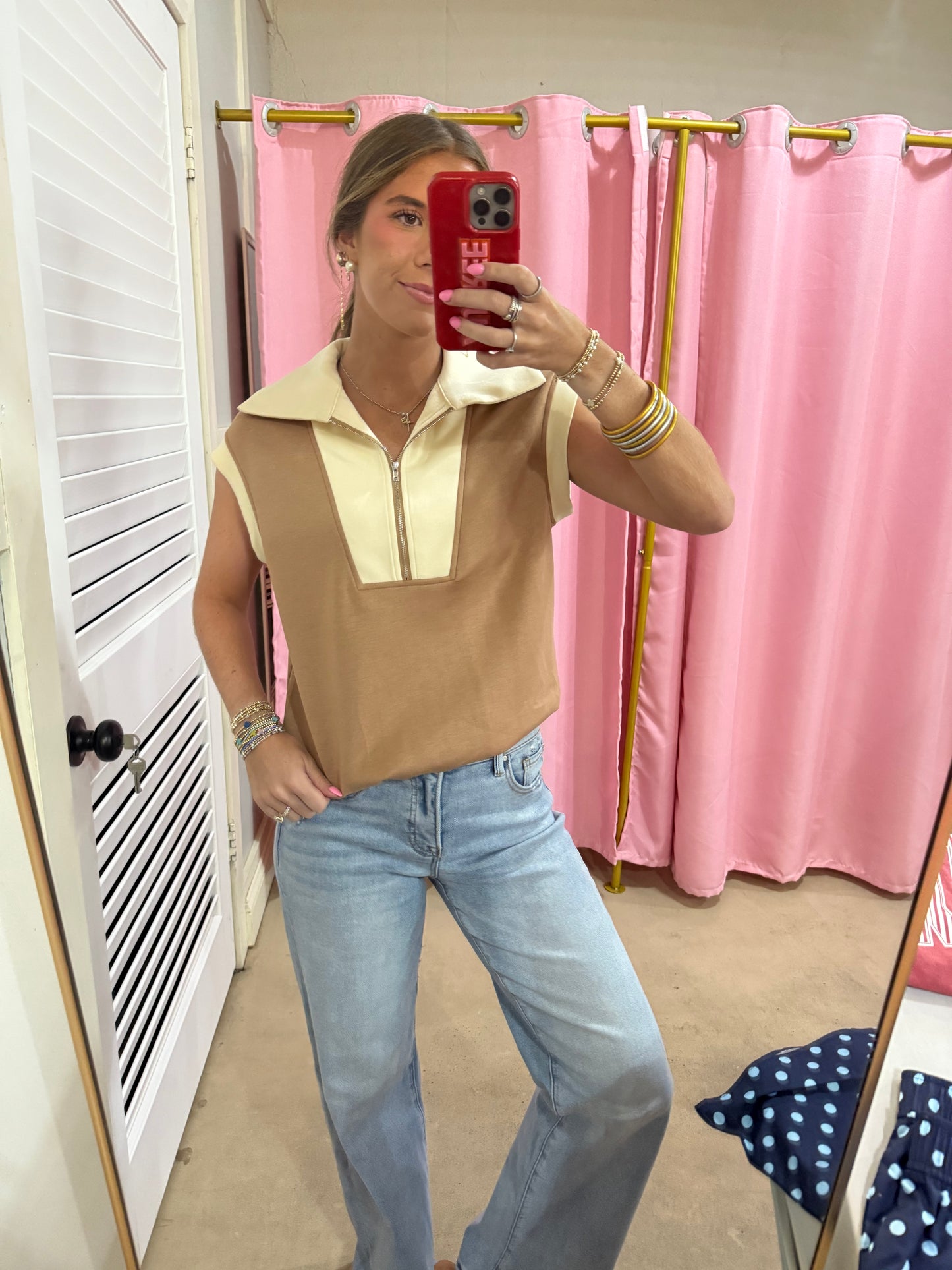Brown and Cream Zippered Top