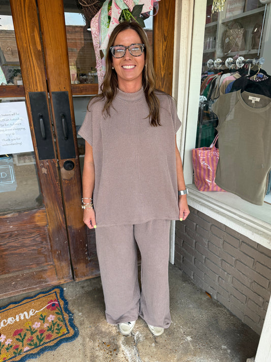 Brown Corded Mock Neck Pants Set