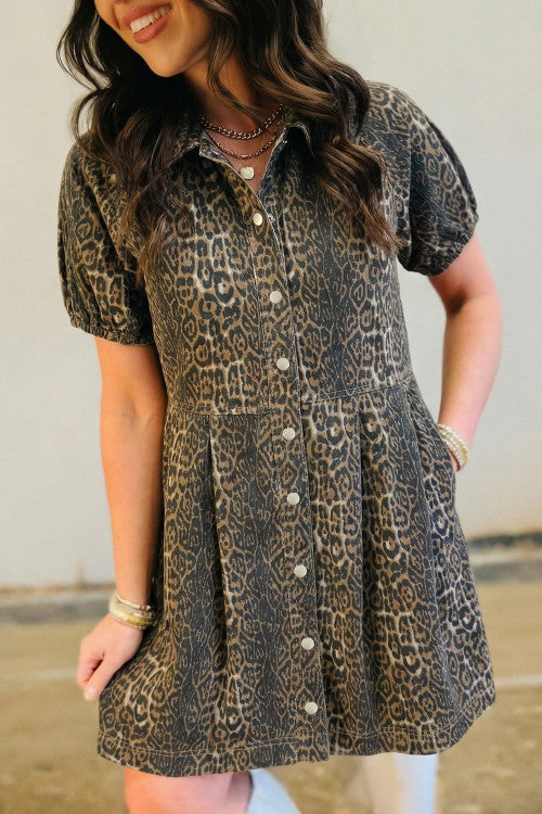 Leopard Denim Pleated Dress