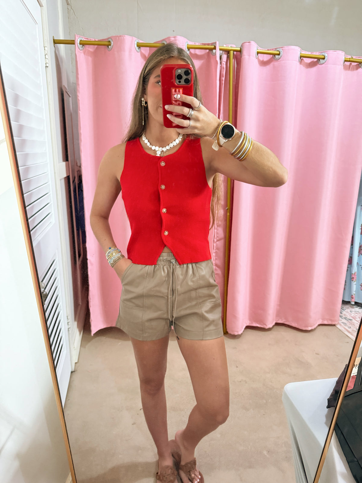 Red Sleeveless Button Up Top