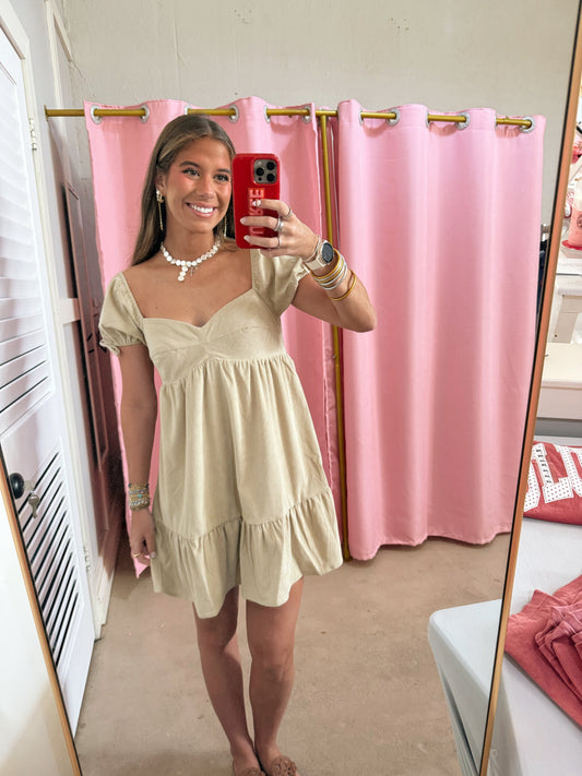 Taupe Sweetheart Puff Sleeve Dress