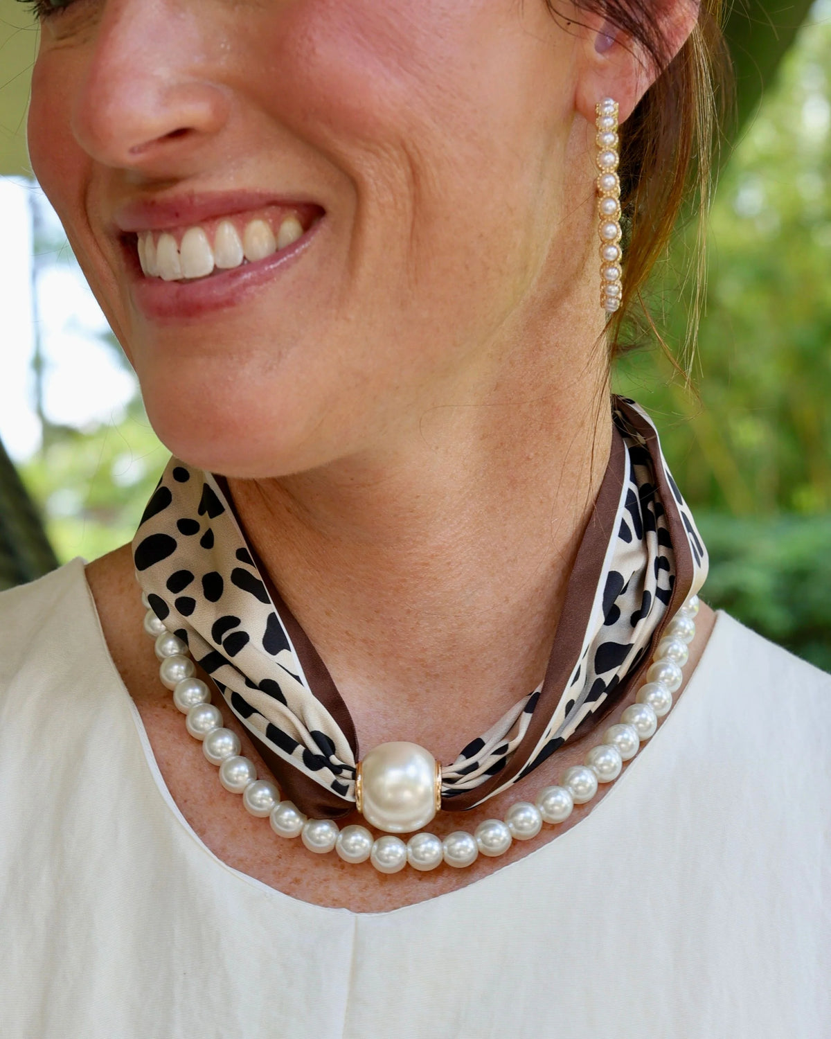 Caroline Hill Two Strand Magnetic Pearl Leopard Scarf Necklace