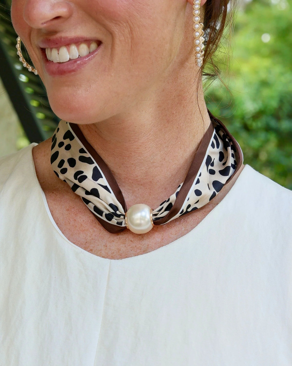 Caroline Hill Two Strand Magnetic Pearl Leopard Scarf Necklace