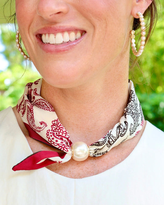 Caroline Hill Magnetic Pearl Maroon/Black Paisley Scarf Necklace