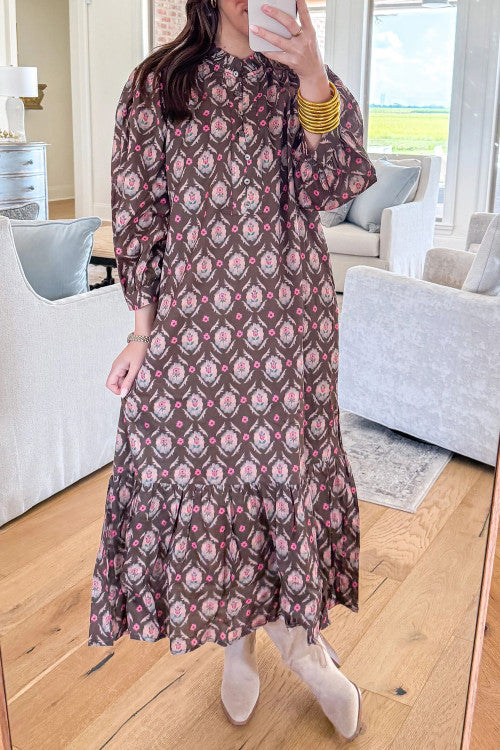 Brown Floral Print Button Front Dress