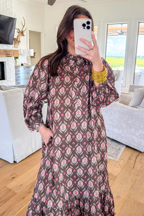 Brown Floral Print Button Front Dress