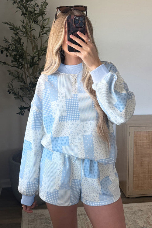 Blue Patchwork Floral Print Shorts Set