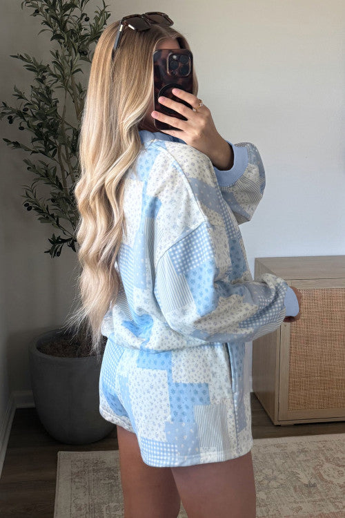 Blue Patchwork Floral Print Shorts Set