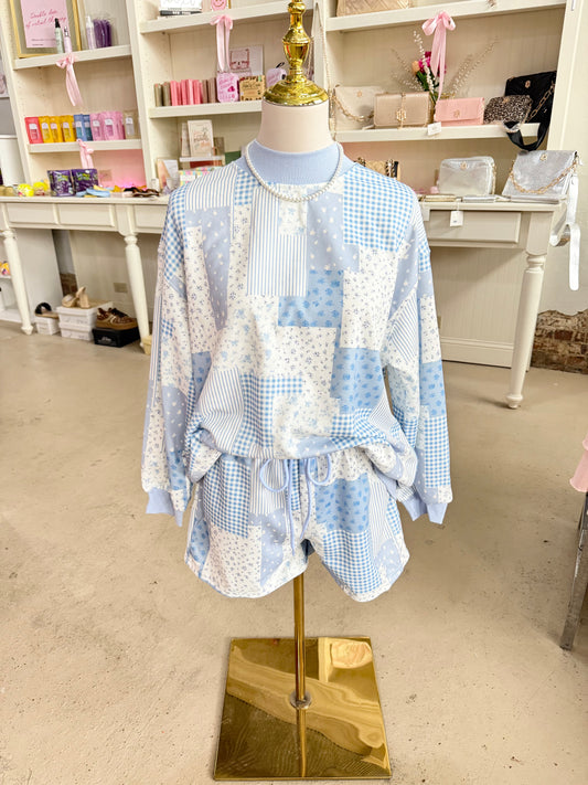 Blue Patchwork Floral Print Shorts Set