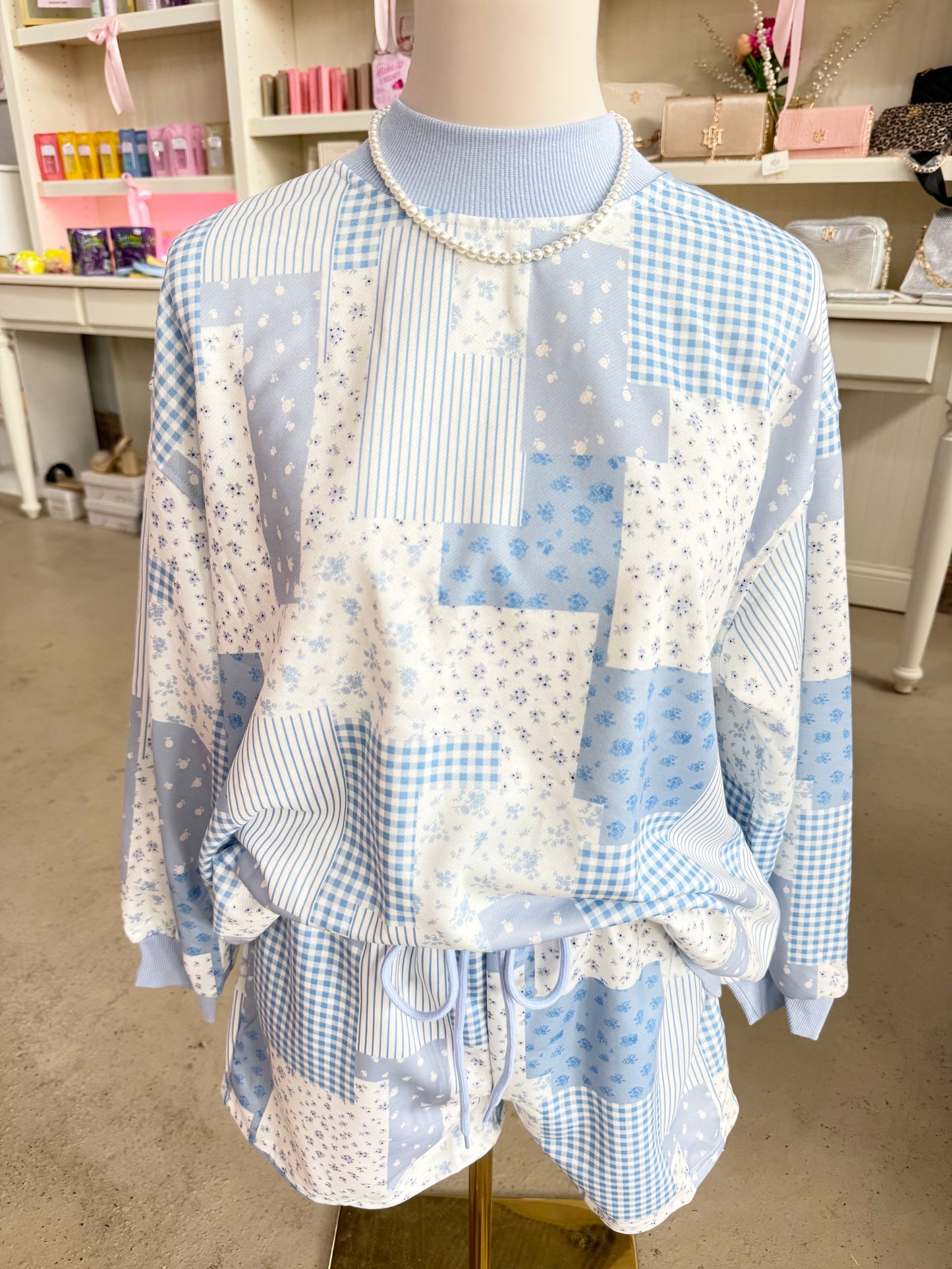 Blue Patchwork Floral Print Shorts Set