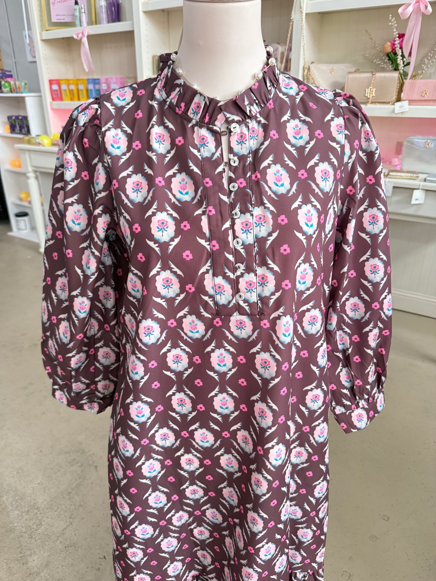 Brown Floral Print Button Front Dress