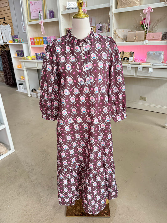 Brown Floral Print Button Front Dress