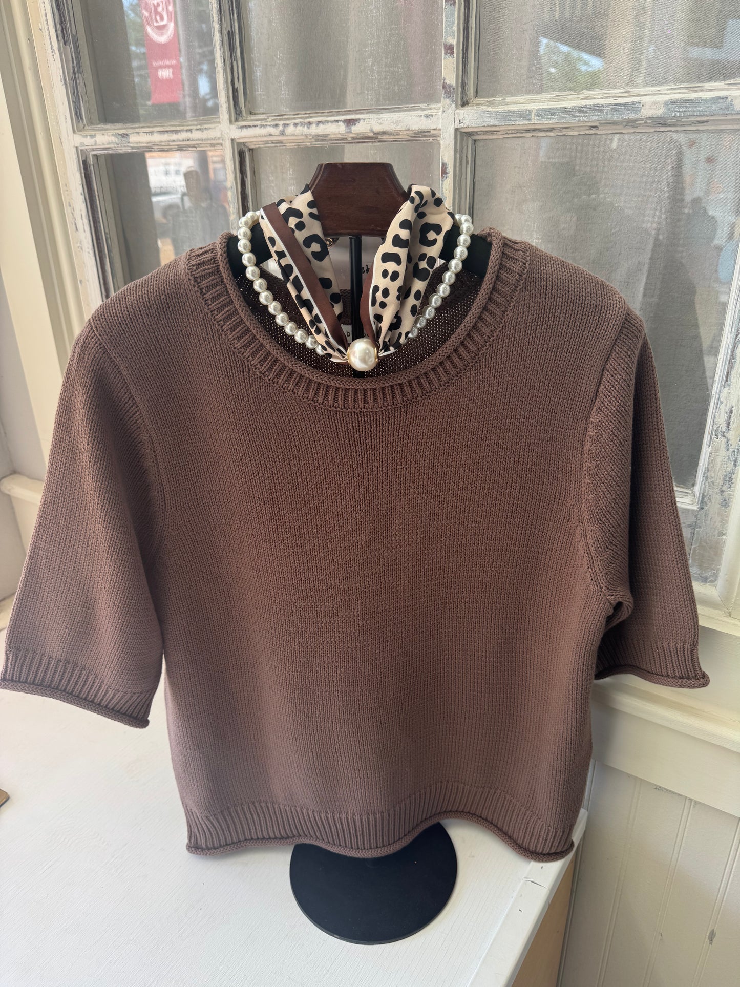 Brown Simple Short Sleeve Sweater