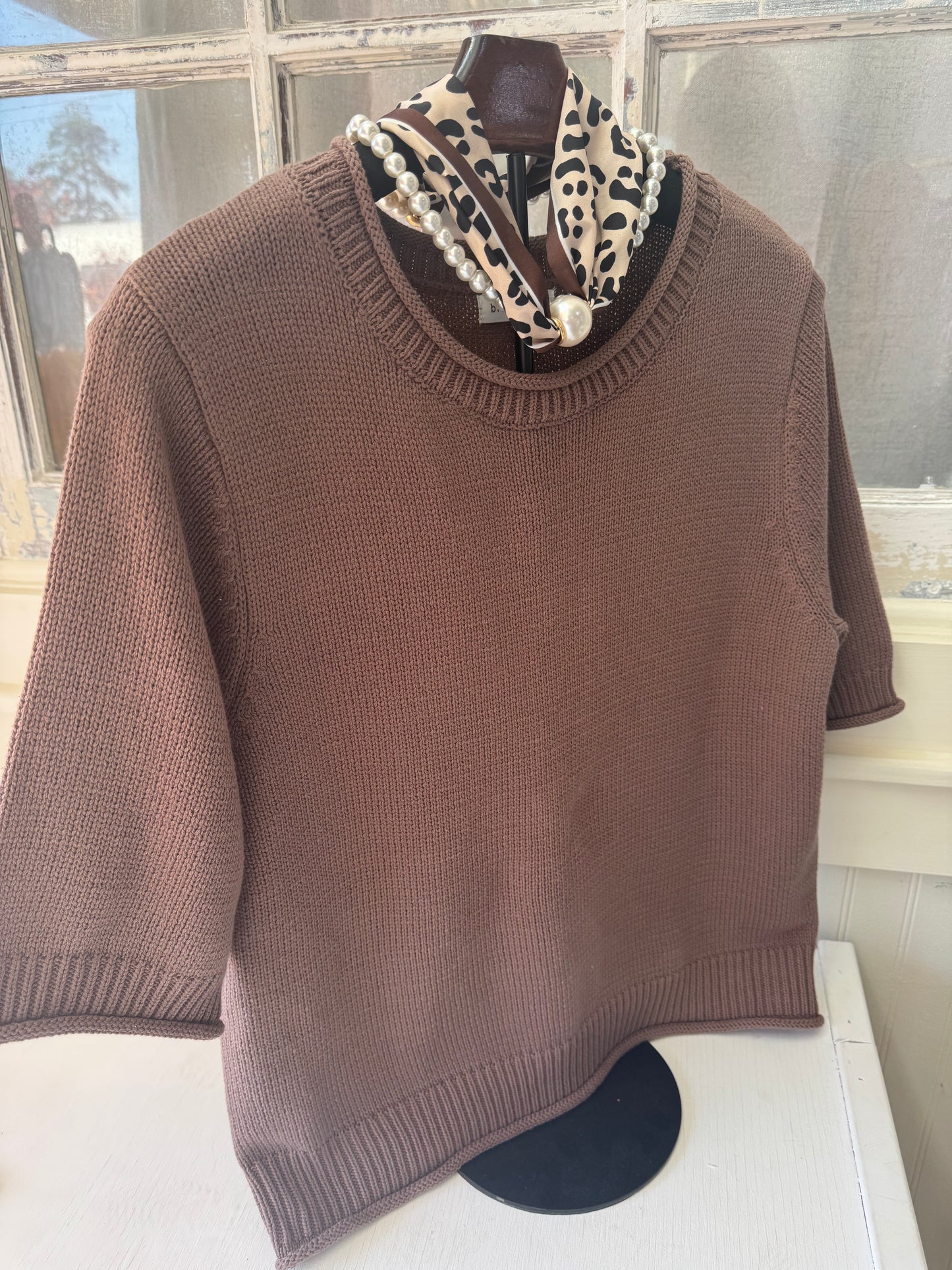 Brown Simple Short Sleeve Sweater