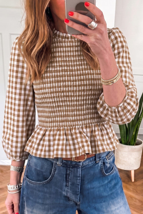 Brown Plaid 3/4 Sleeve Peplum Top