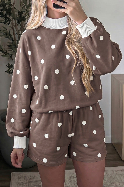 Brown Polka Dot Mock Neck Shorts Set