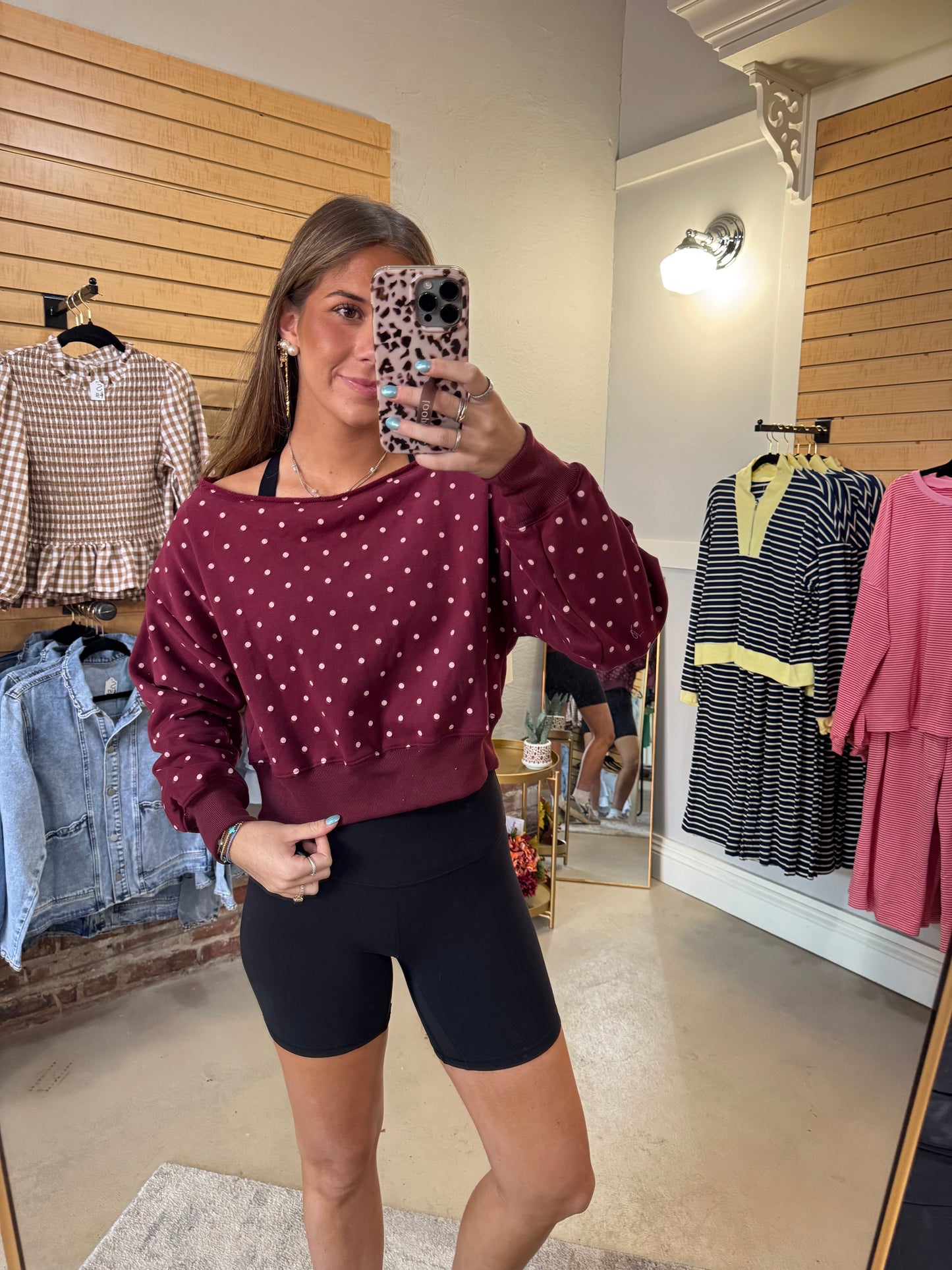 Maroon Boat Neck Top with Light Pink polka dots