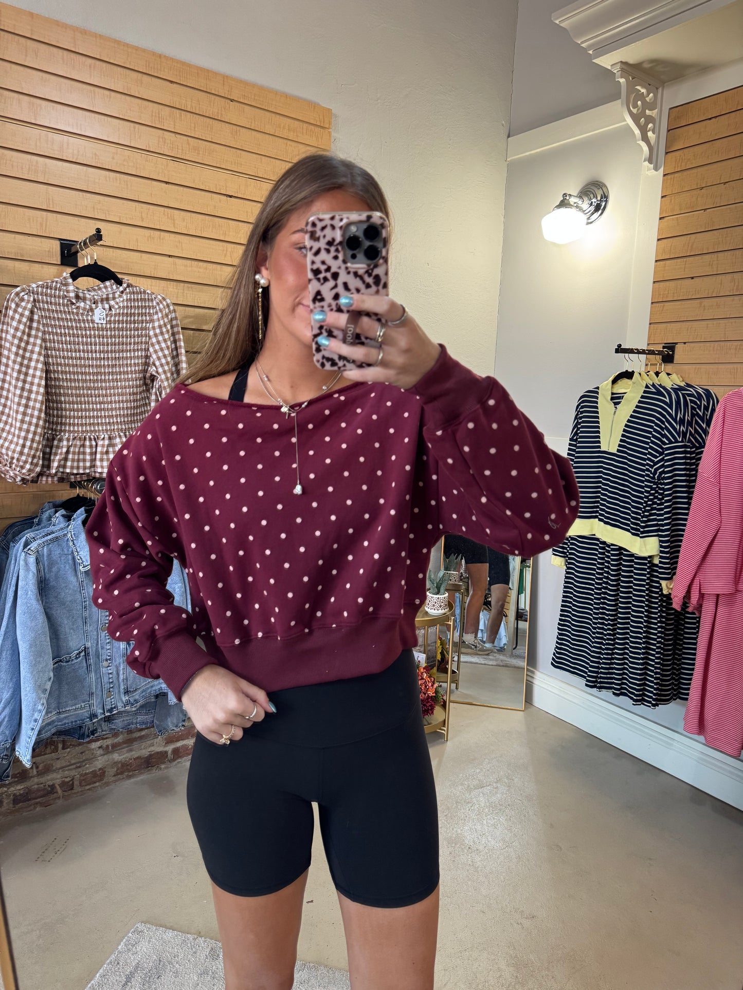 Maroon Boat Neck Top with Light Pink polka dots