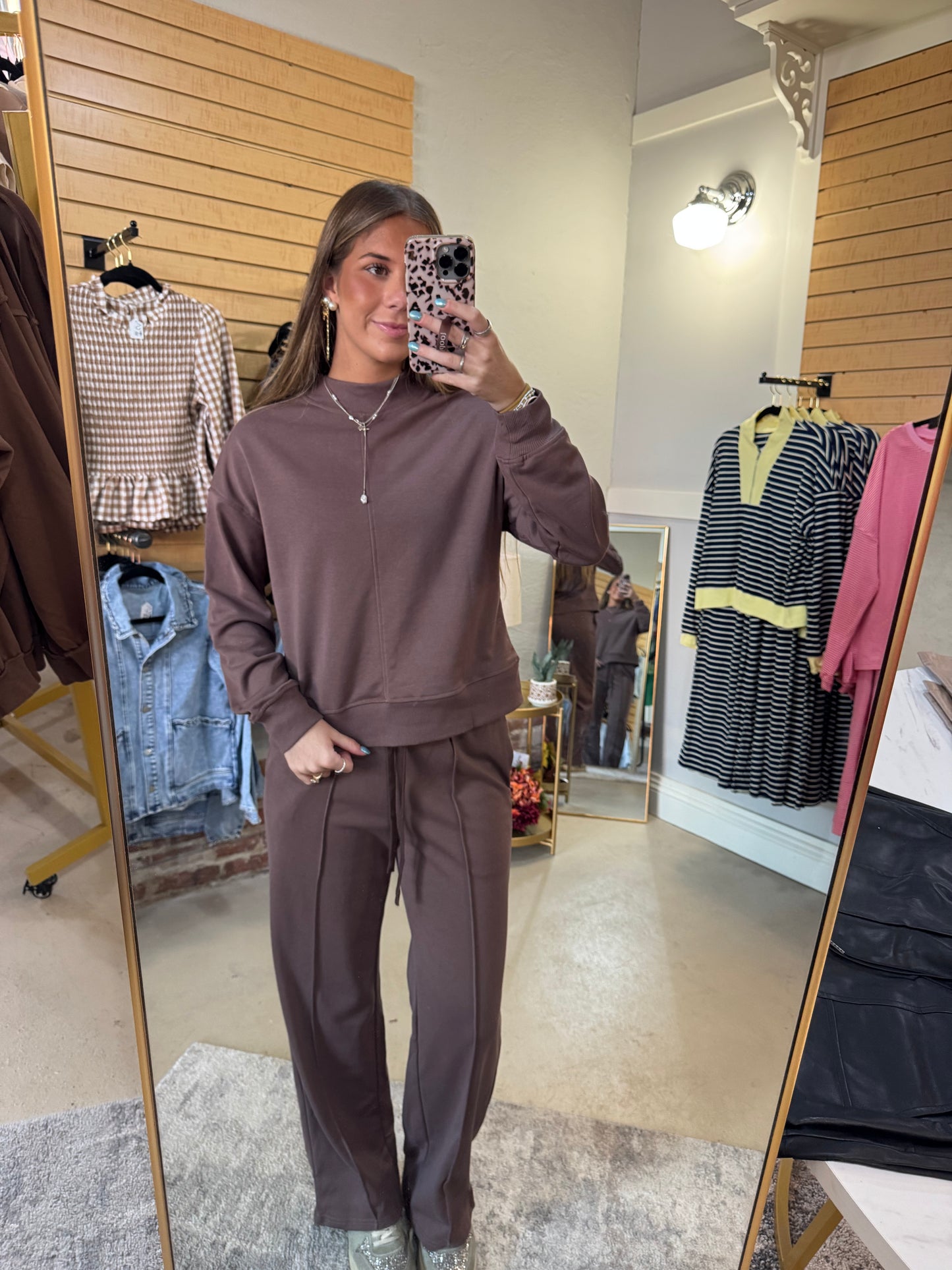 Brown Mock Neck Pants Set