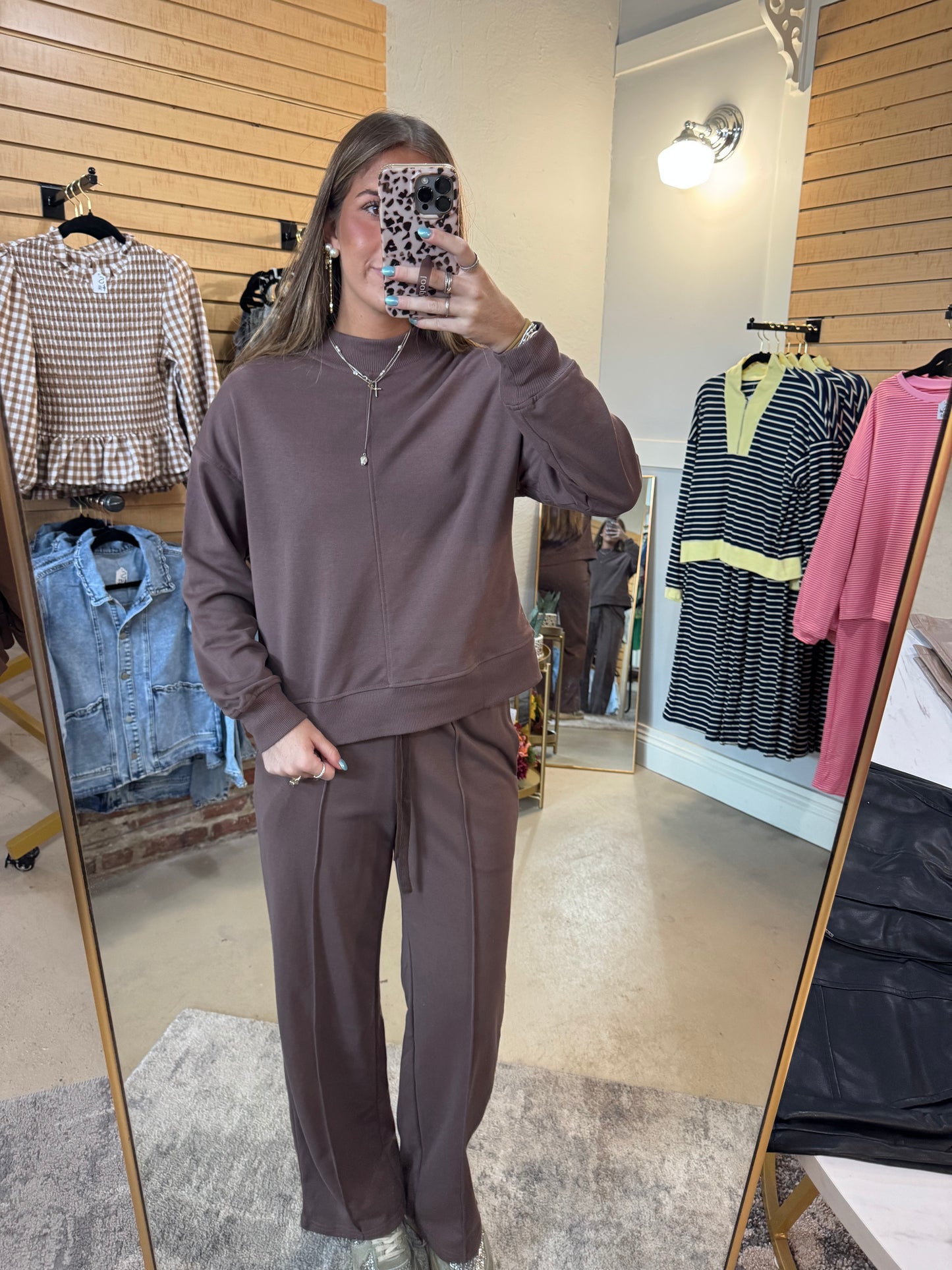 Brown Mock Neck Pants Set