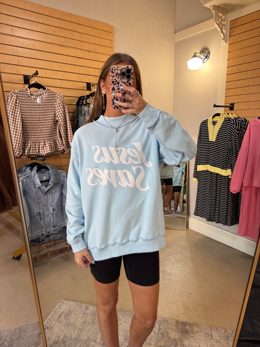 Blue Jesus Saves Mock Neck Sweatshirt