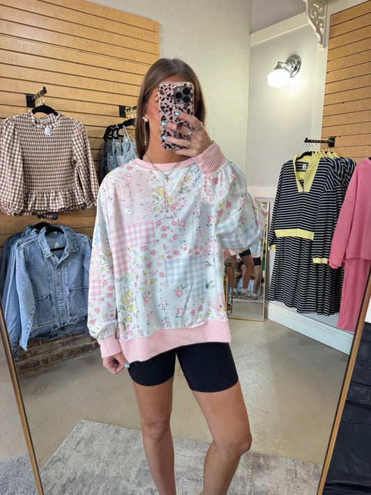Pink Floral Ribbed Long Sleeve Top