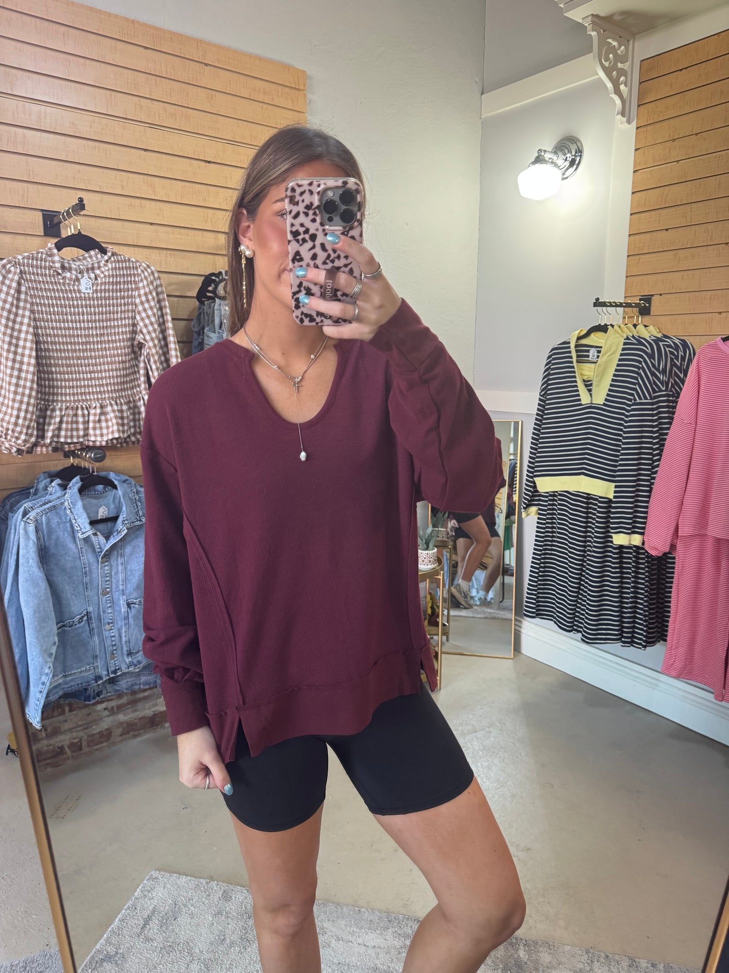 Maroon Long Sleeve Waffle Top