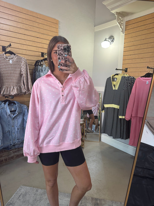 Pink Polka Dot Button Pullover