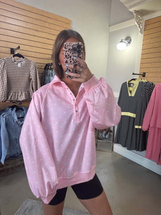 Pink Polka Dot Button Pullover