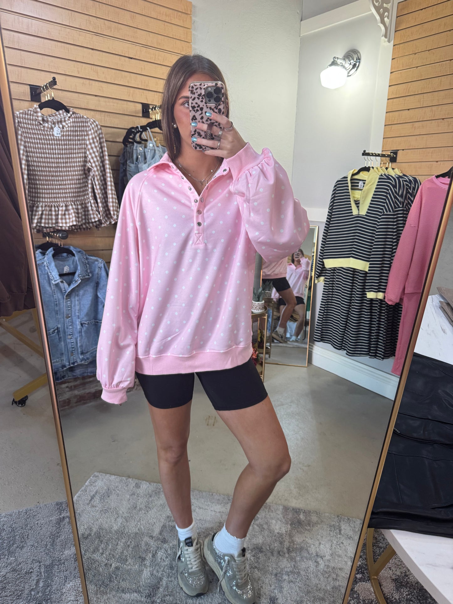 Pink Polka Dot Button Pullover