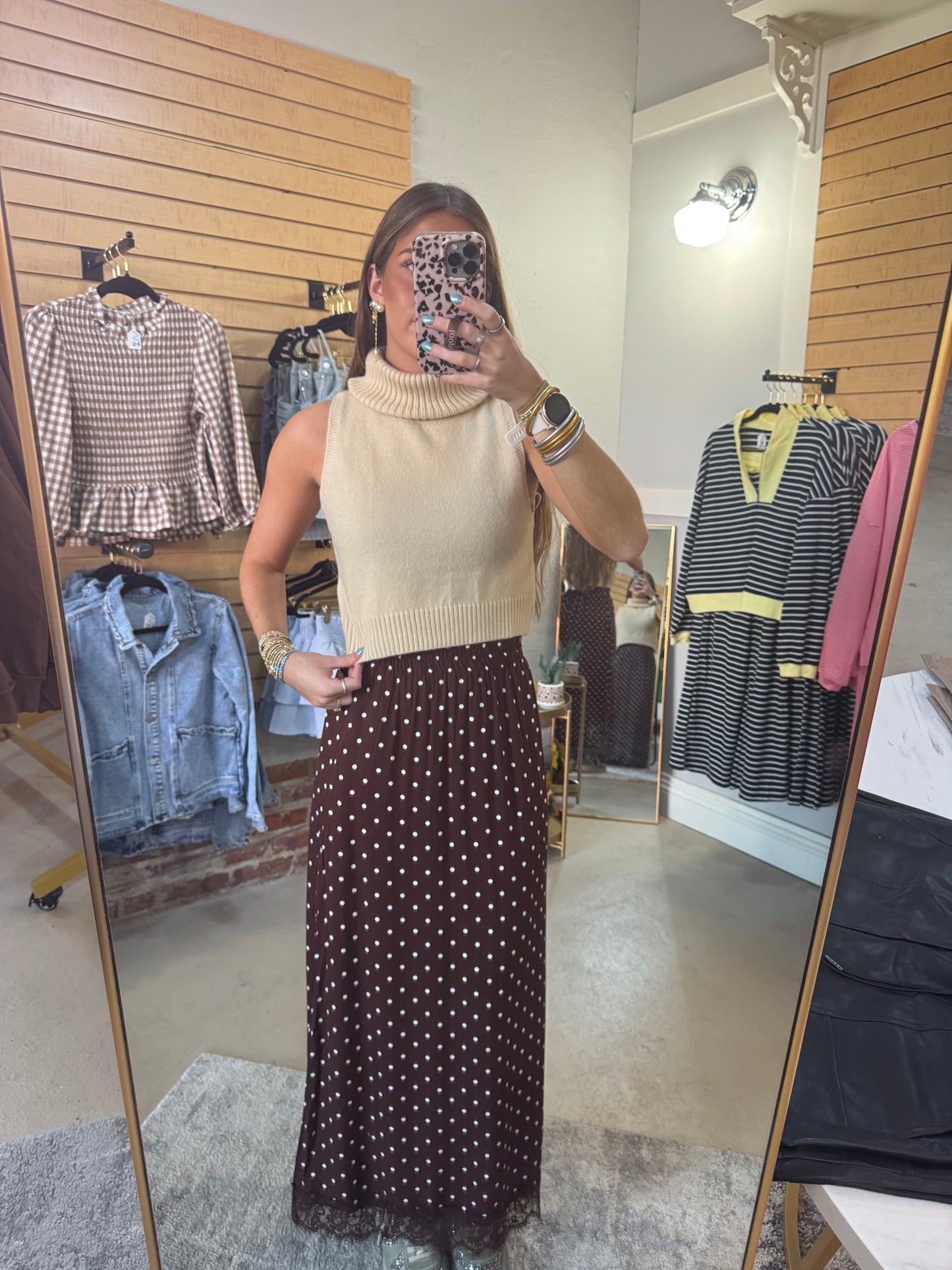 Brown Polka Dot Lace Hem Skirt
