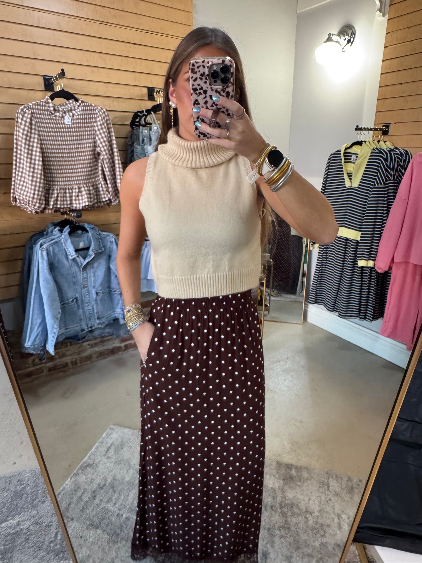 Brown Polka Dot Lace Hem Skirt