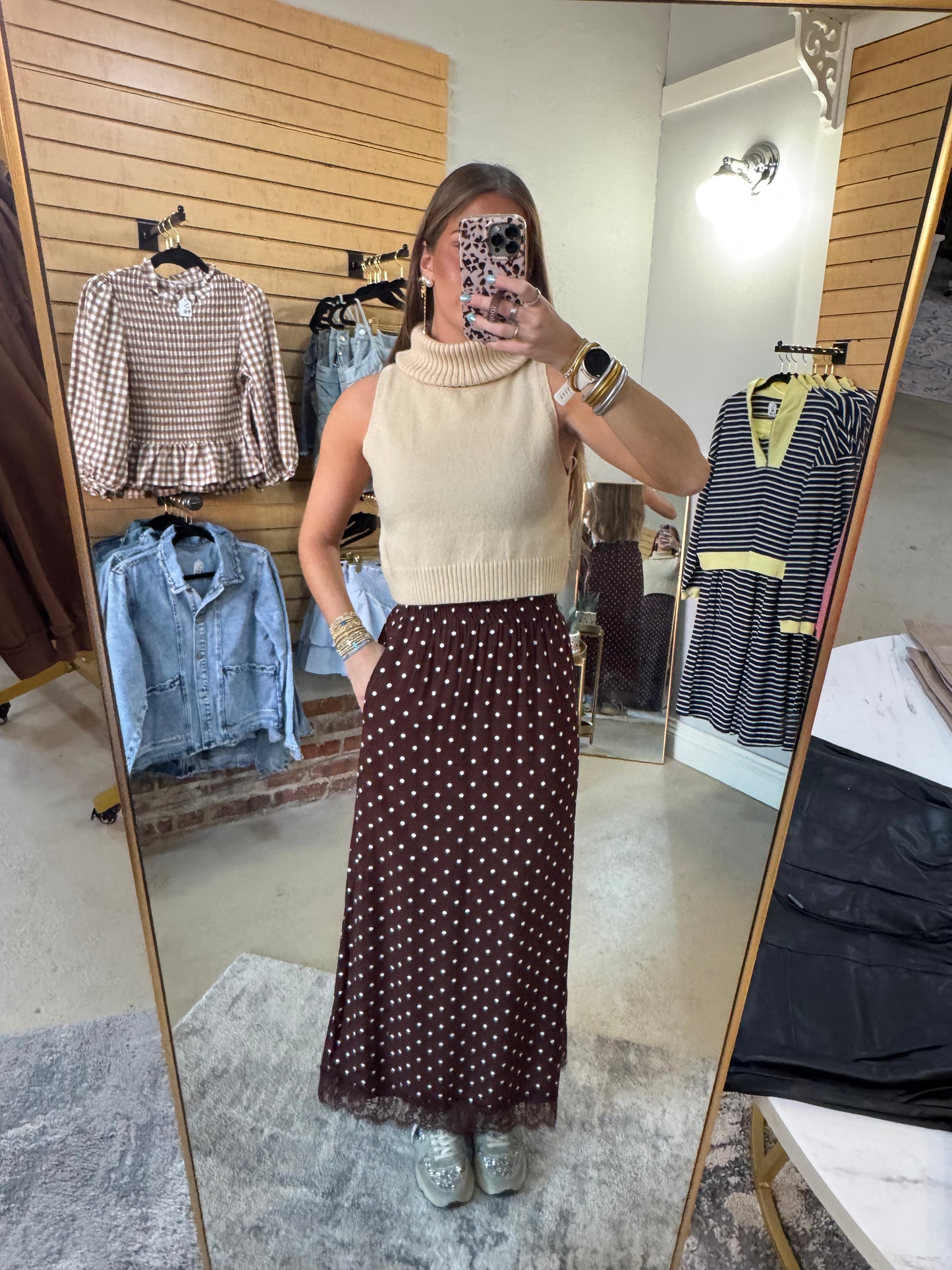 Brown Polka Dot Lace Hem Skirt