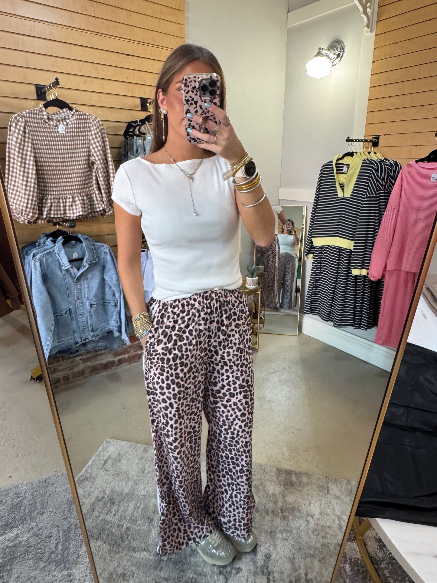 Beige Leopard Track Pants
