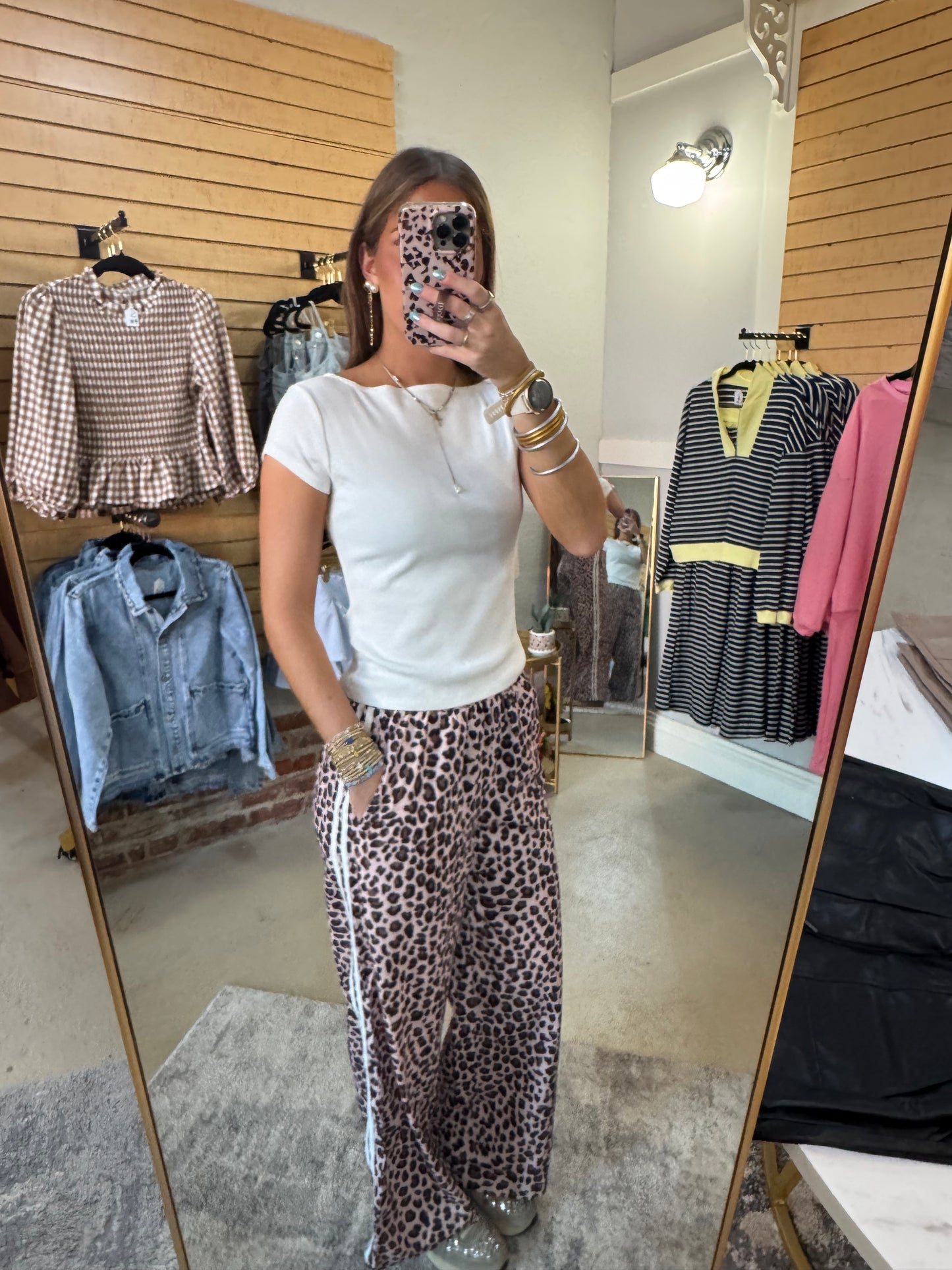 Beige Leopard Track Pants