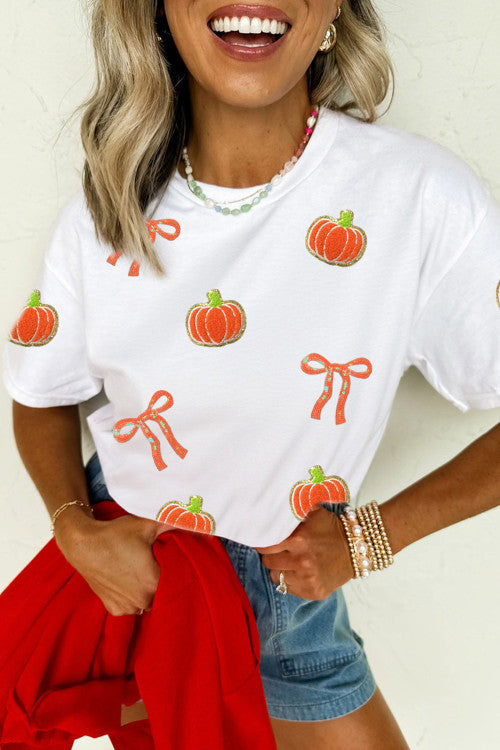 Sequin Chenille Pumpkin Bow Tee