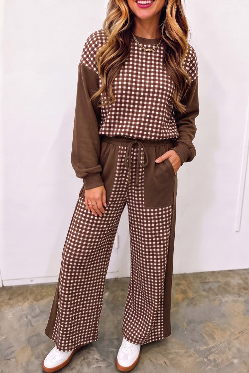 Brown Plaid Pants Set