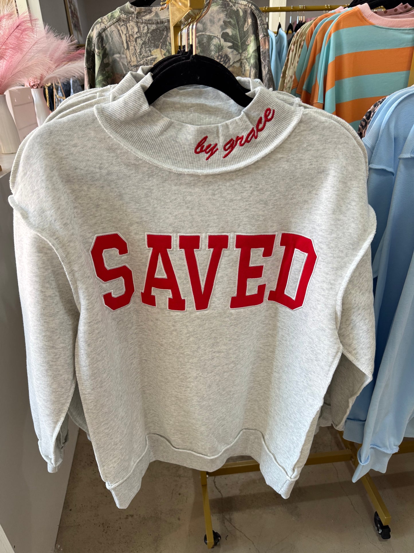 Saved By Grace Embroidered Mock Neck Sweatshirt