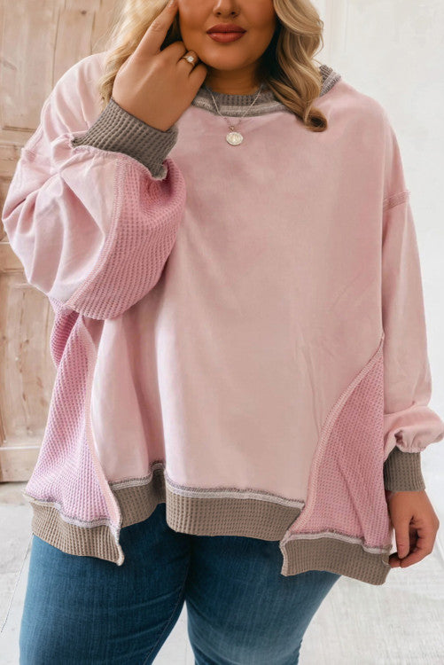 Plus Light Pink Color Block Waffle Top