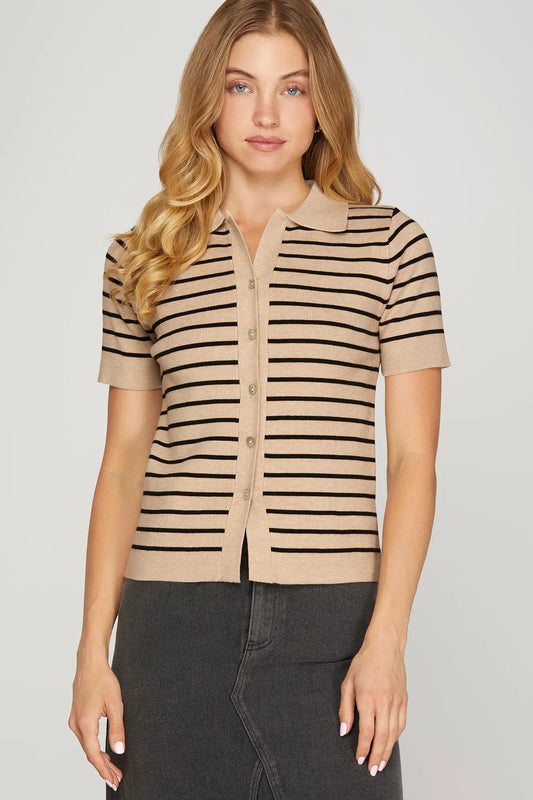 Black Striped Short Sleeve Cardigan