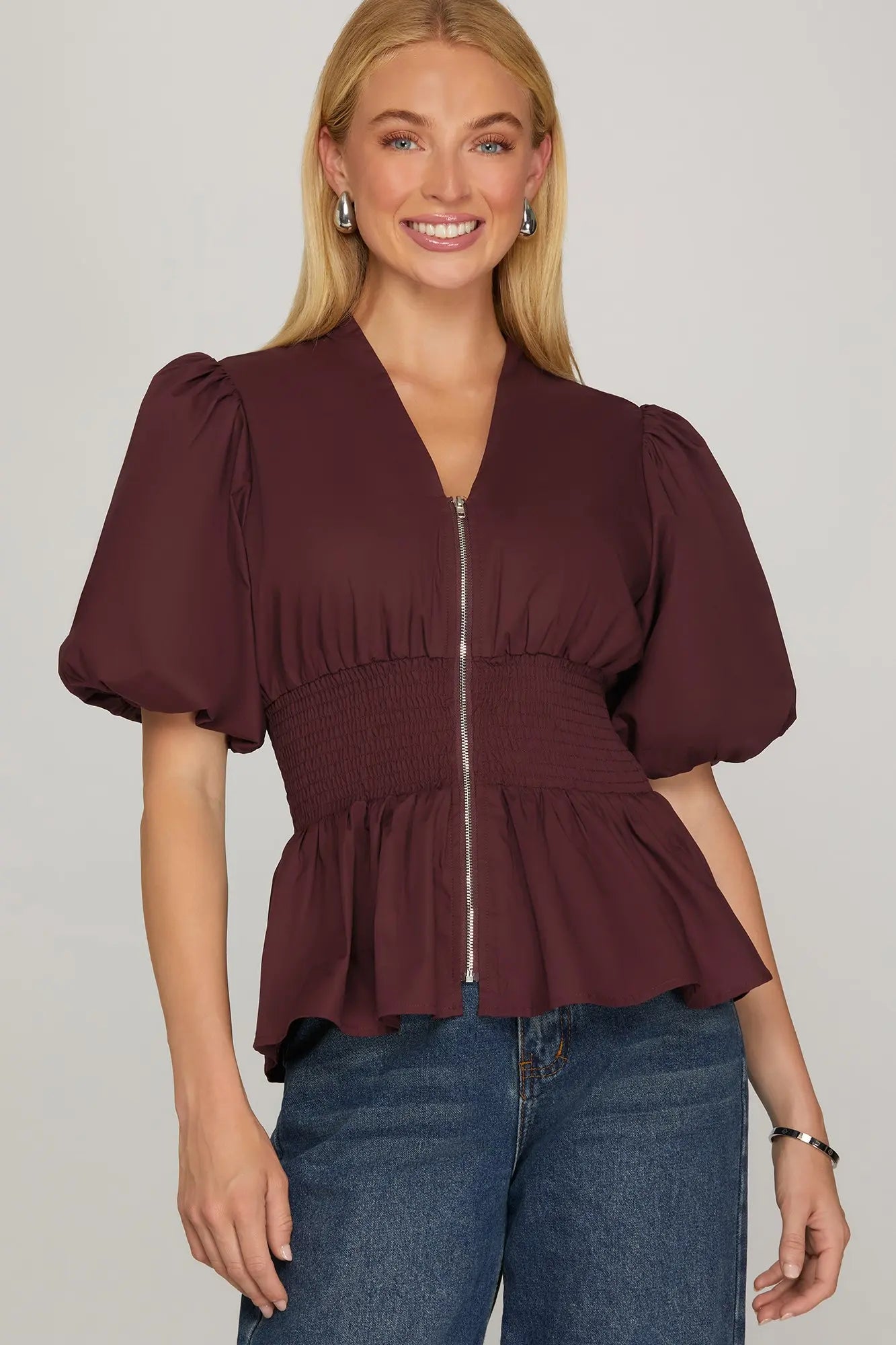 Maroon Puff Sleeve Zipper Top