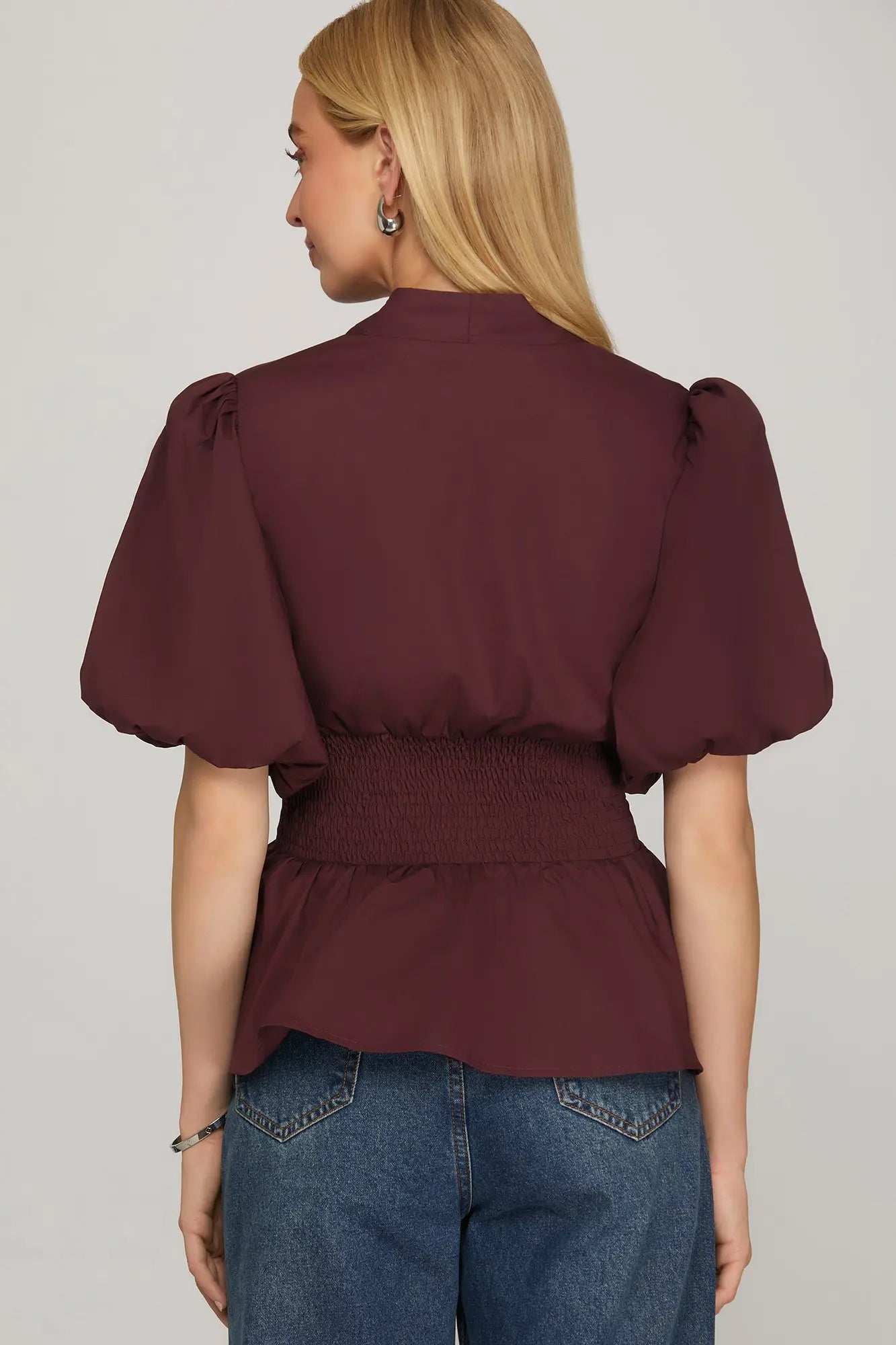 Maroon Puff Sleeve Zipper Top