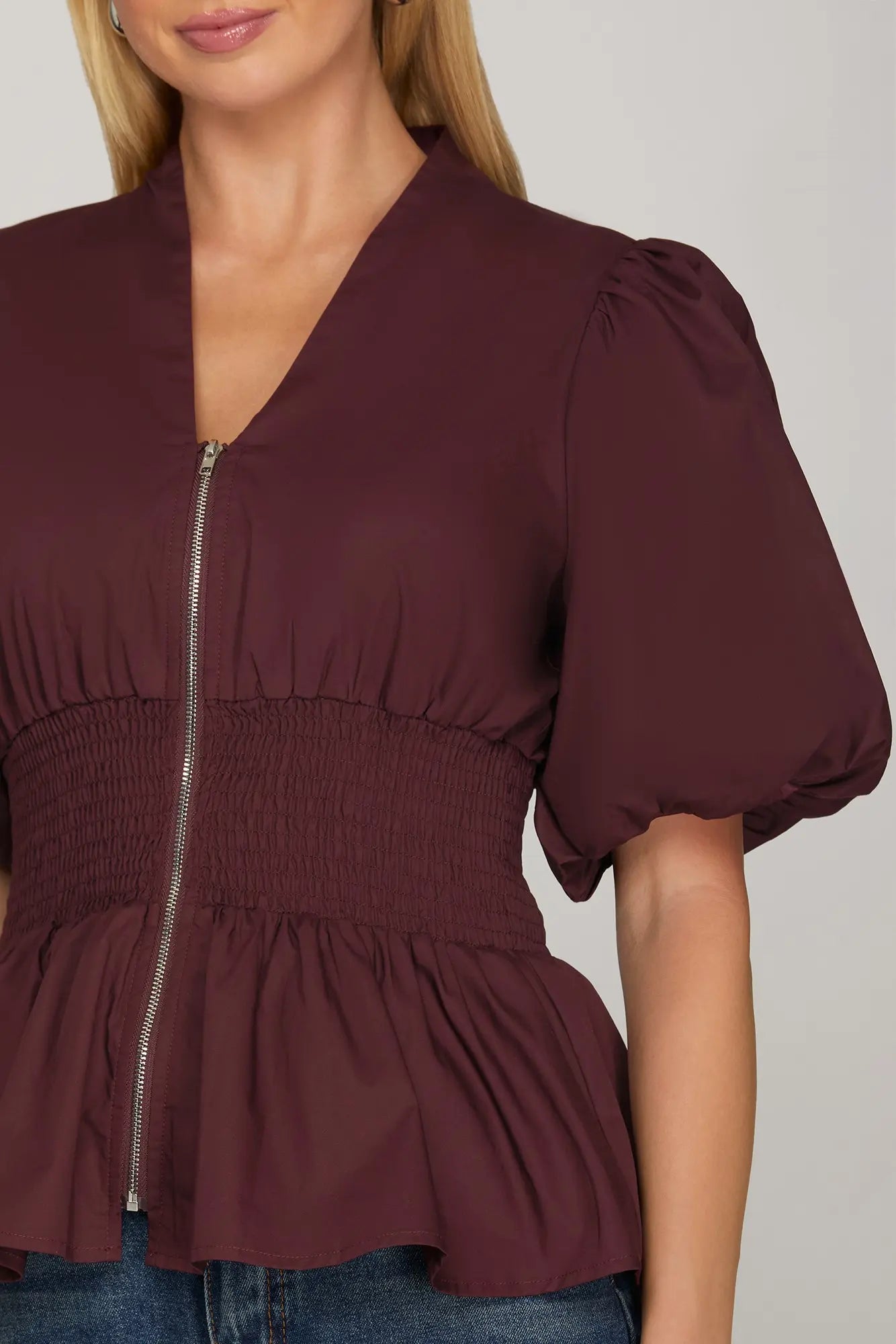 Maroon Puff Sleeve Zipper Top