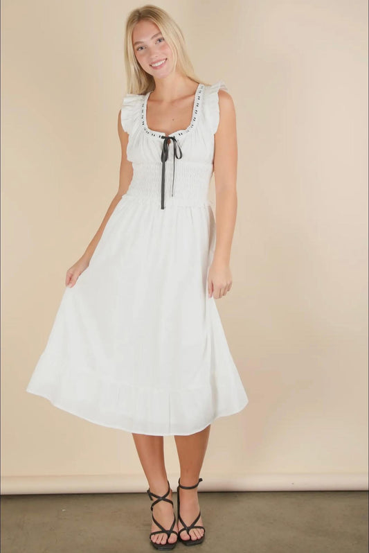 White Midi Dress with Black Tie Detail