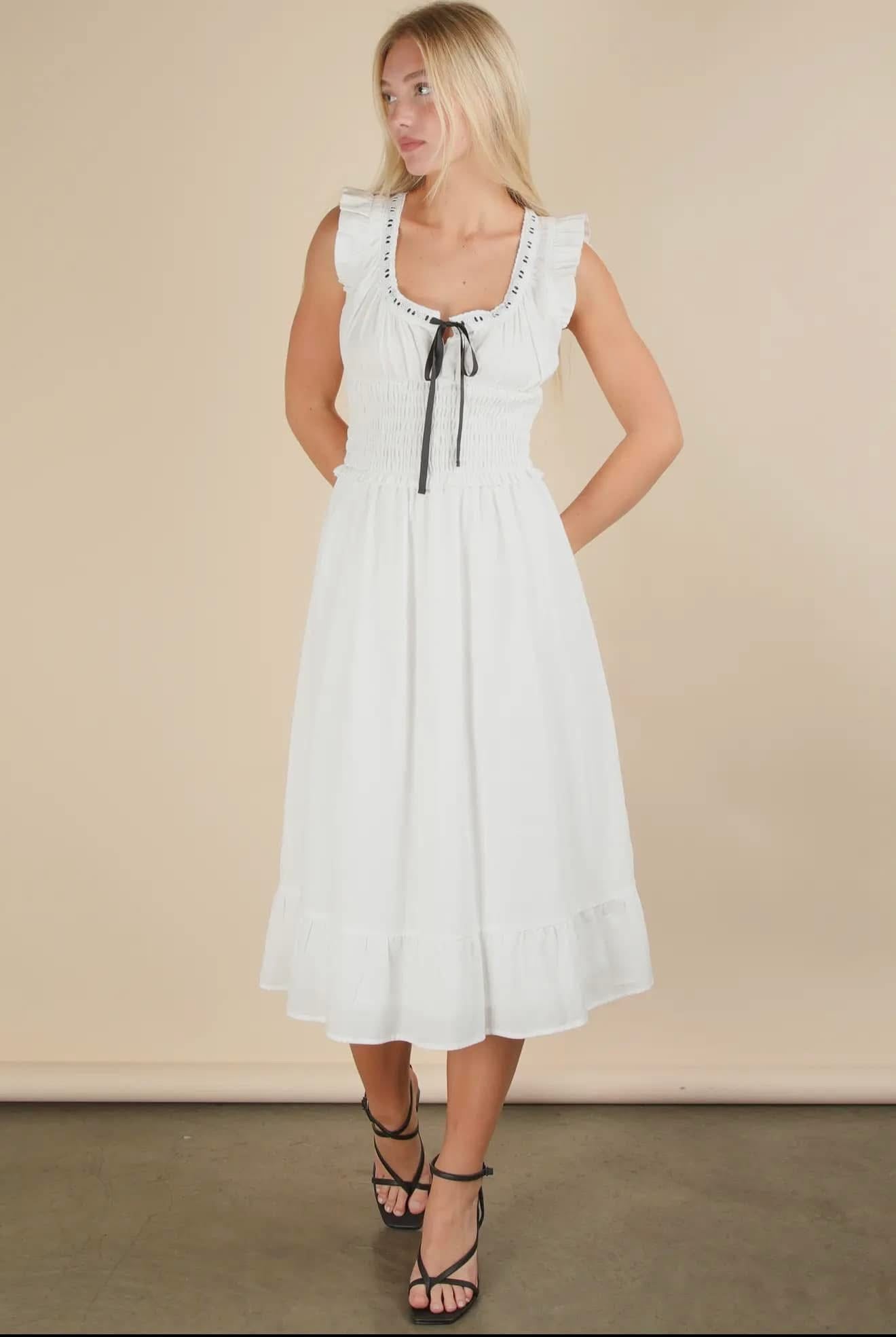 White Midi Dress with Black Tie Detail