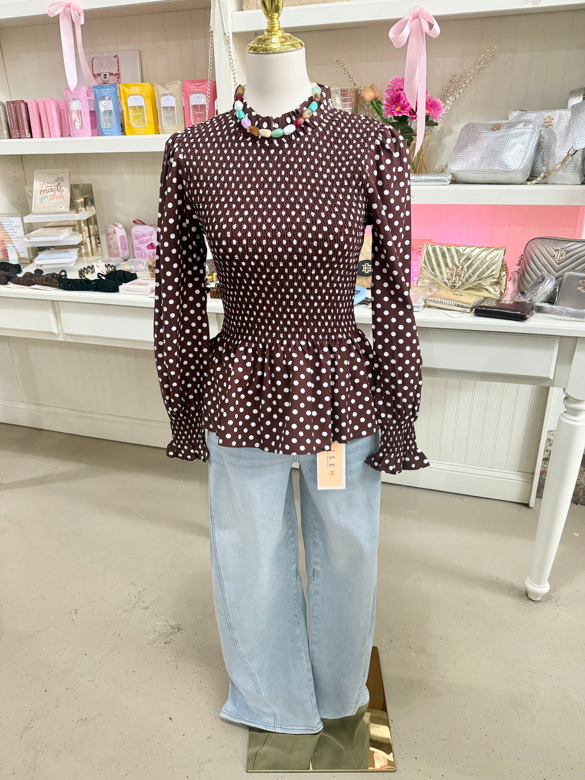 Brown Polka Dot Ruffle Top