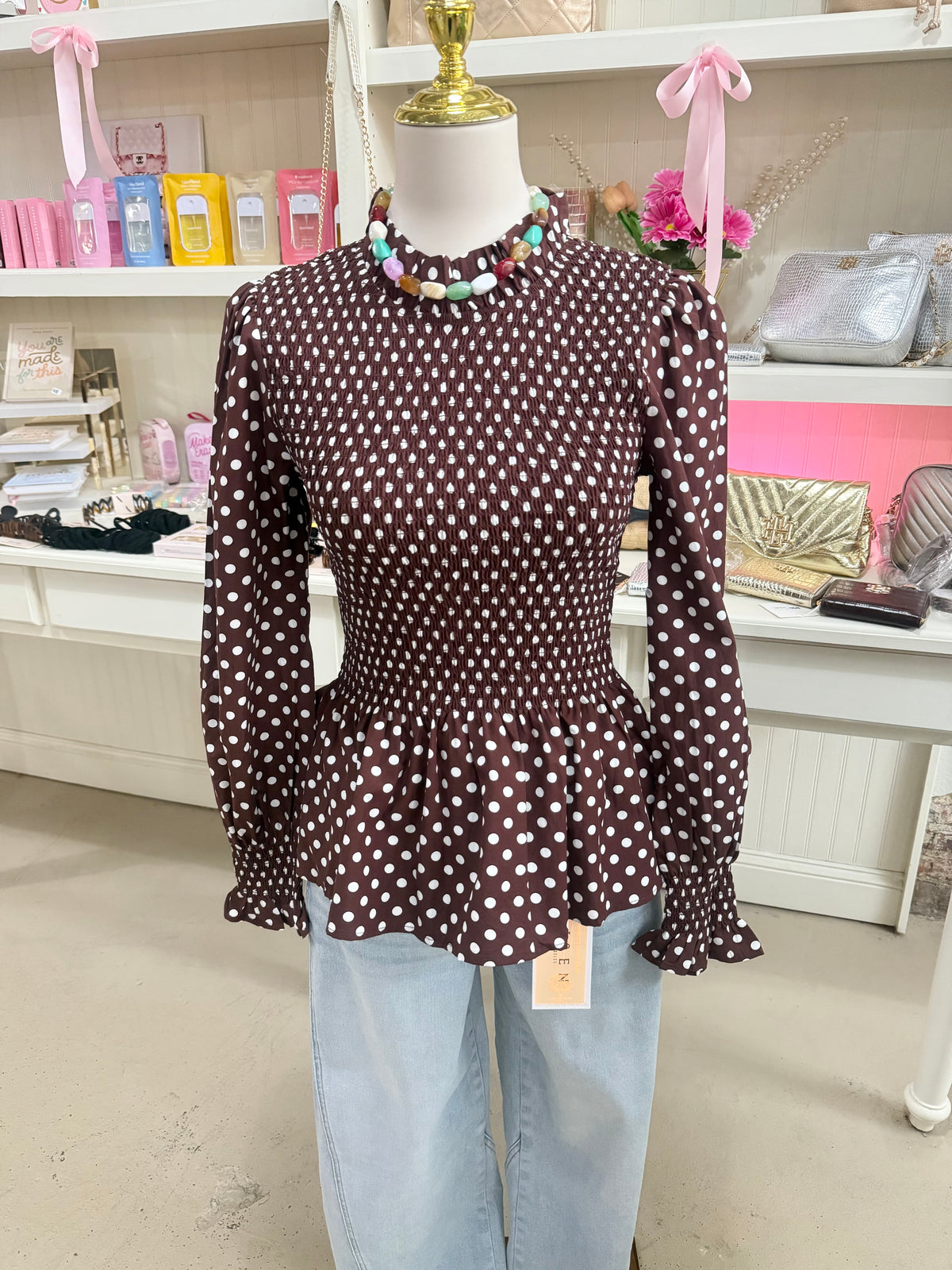 Brown Polka Dot Ruffle Top